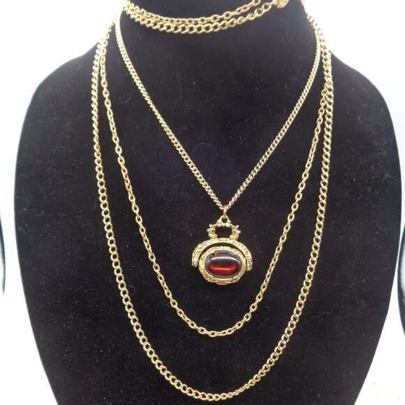 Vintage Unsigned GOLDETTE 3 Strand Topaz Glass Cabochon SPINNER Fob NECKLACE - Picture 1 of 8